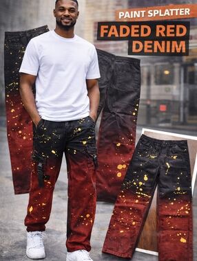 Black Red Paint Splatter Jeans Streetwear Denim Statement Pants